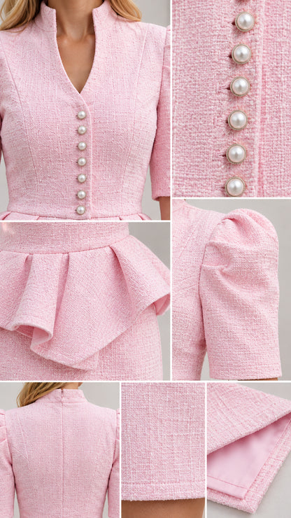 Detailed close-ups of pearl buttons, V-neck, peplum ruffle, puff sleeve, and tweed texture