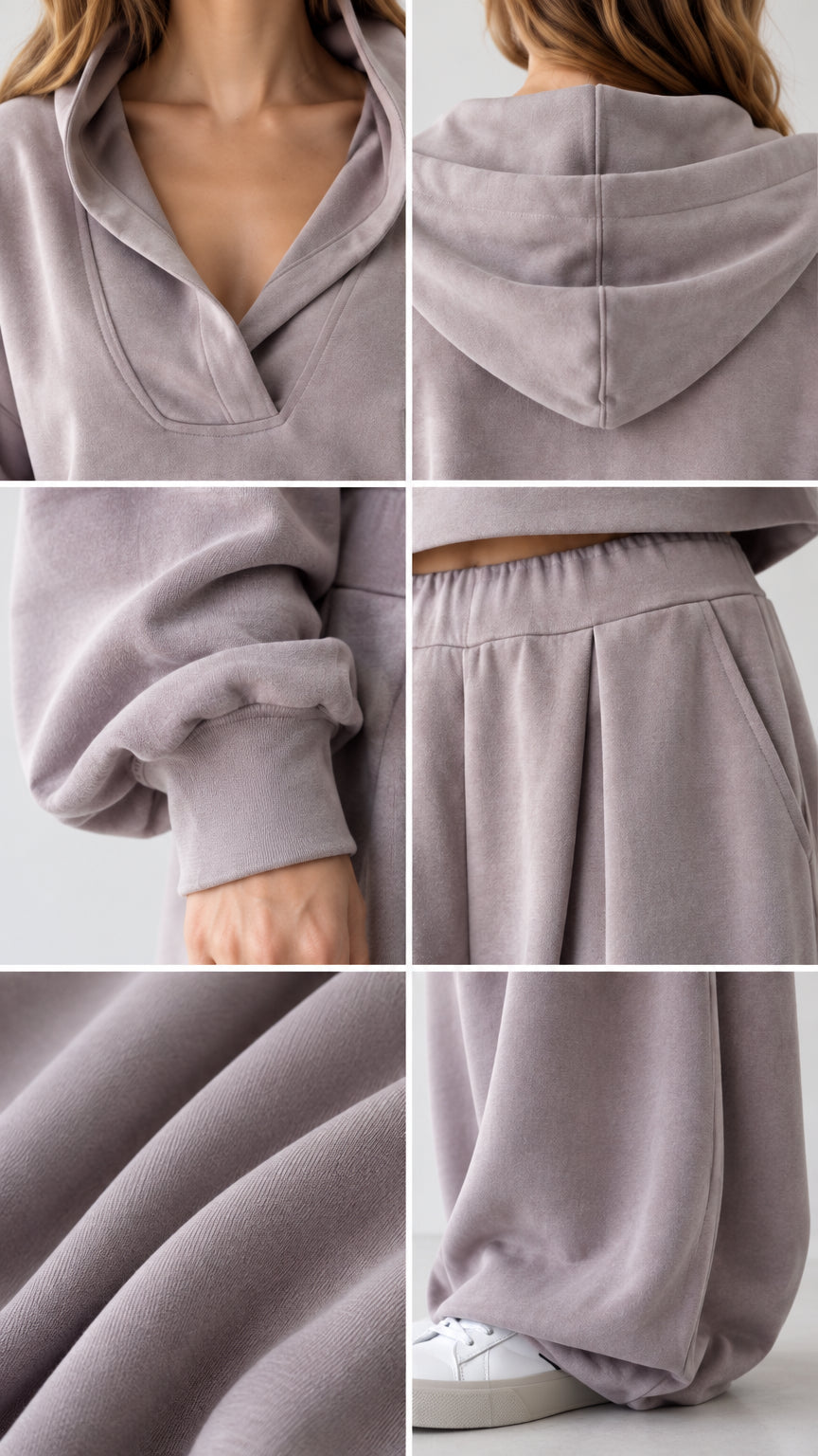 Close-up details of collar neckline, hood, ribbed cuff, elastic waist pleats, and fabric texture