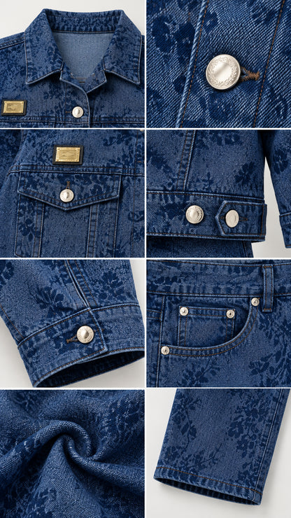 Close-up details of metallic buttons, collar, chest pocket, and floral denim fabric