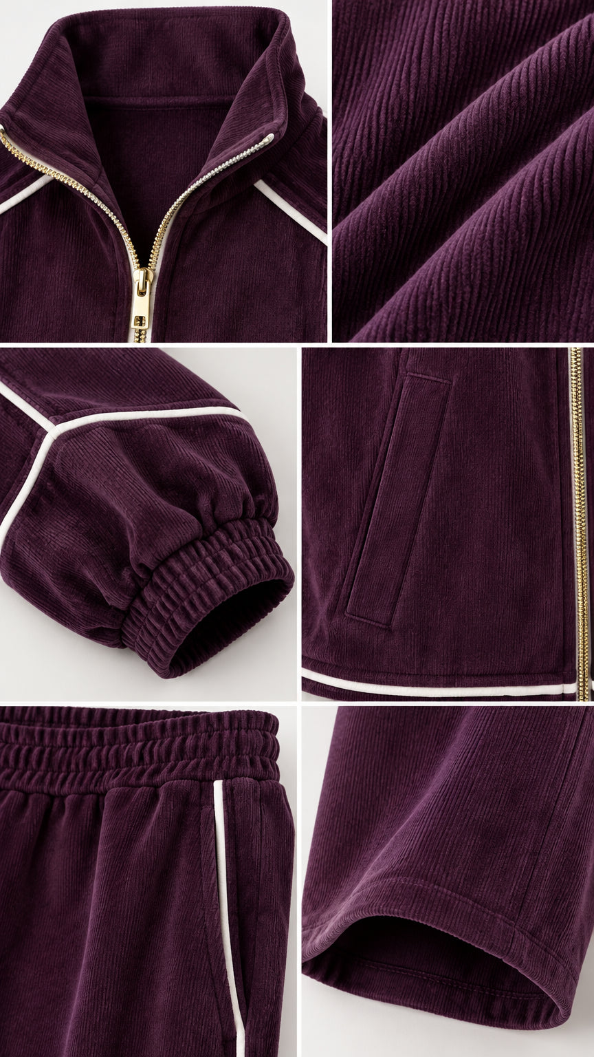 Close-up details of ribbed corduroy texture, zip collar, elastic cuffs, and piping