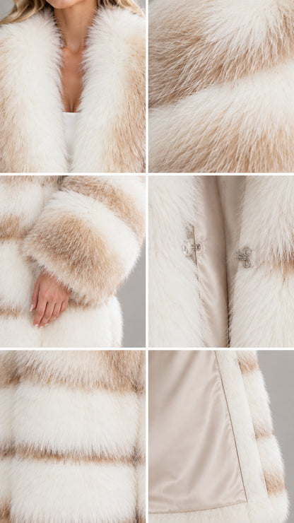 Close-up details of faux fur collar, sleeve cuff, hook closure, and inner lining