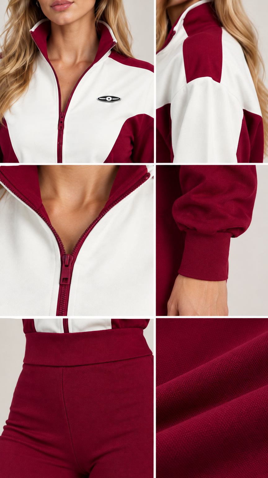 Detailed collage showing zipper, collar, waistband, and knit fabric texture