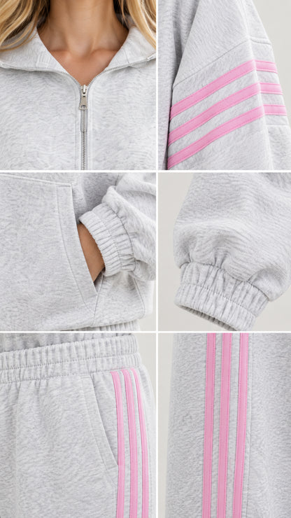 Detailed collage showing zipper, collar, cuff, pockets, and stripe construction