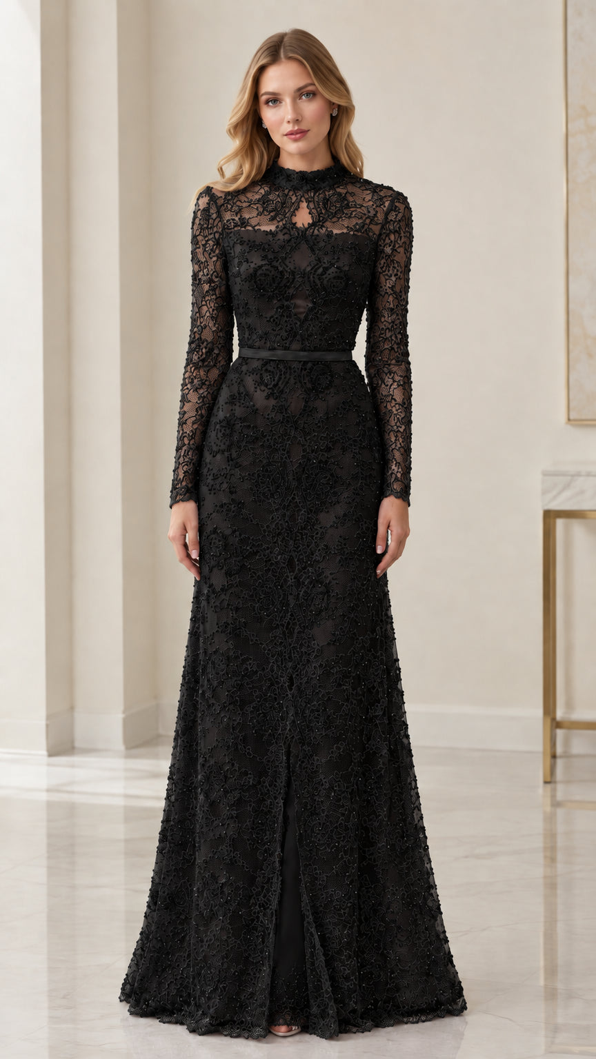 Front view of black mock neck long sleeve floral lace evening dress