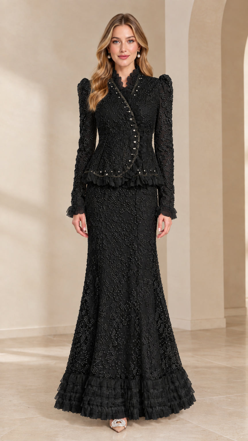 Black floral lace peplum top and maxi skirt two-piece formal set