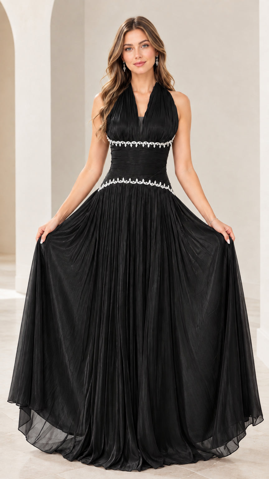 Black pleated halter neck formal evening dress front view