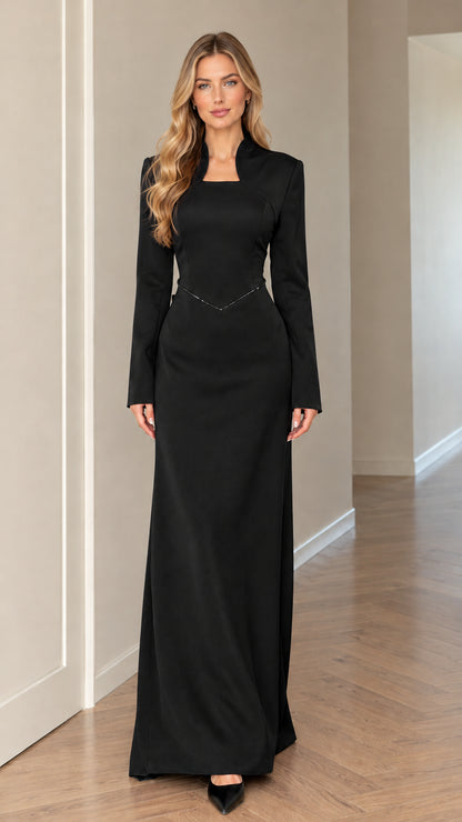 Front full-length view of model wearing Black long sleeve evening maxi dress