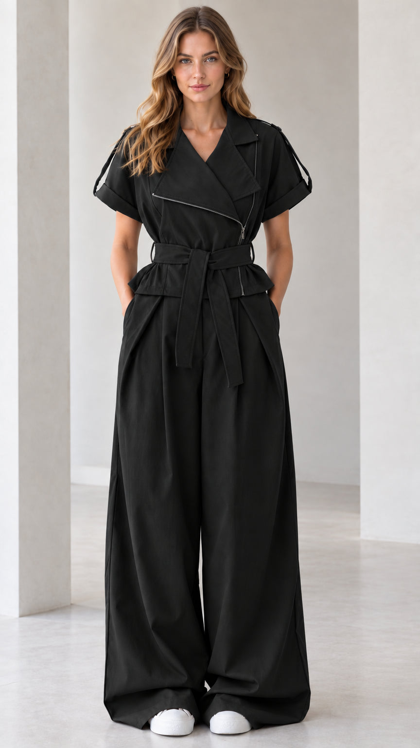 Front view of black asymmetrical zip wide leg jumpsuit