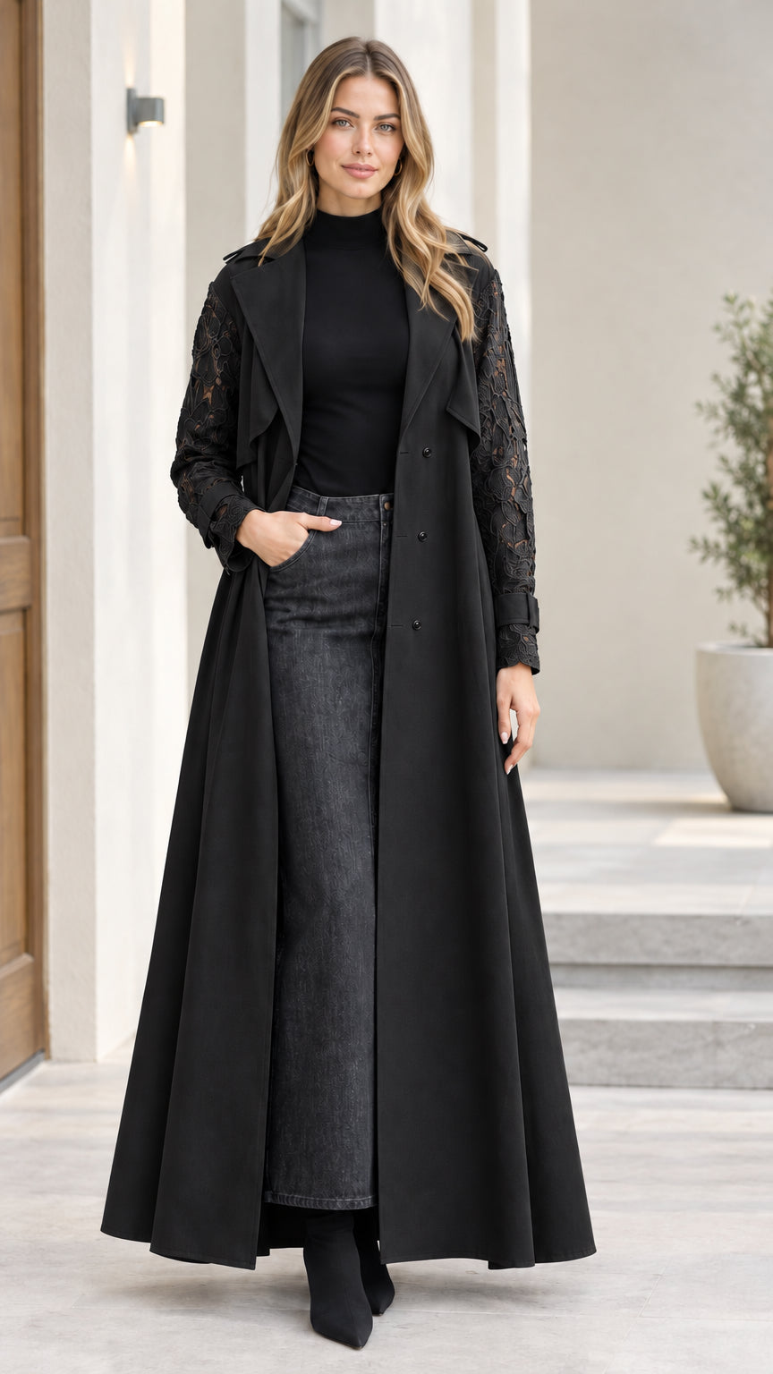 Front full-length view of black lace-sleeve maxi trench coat