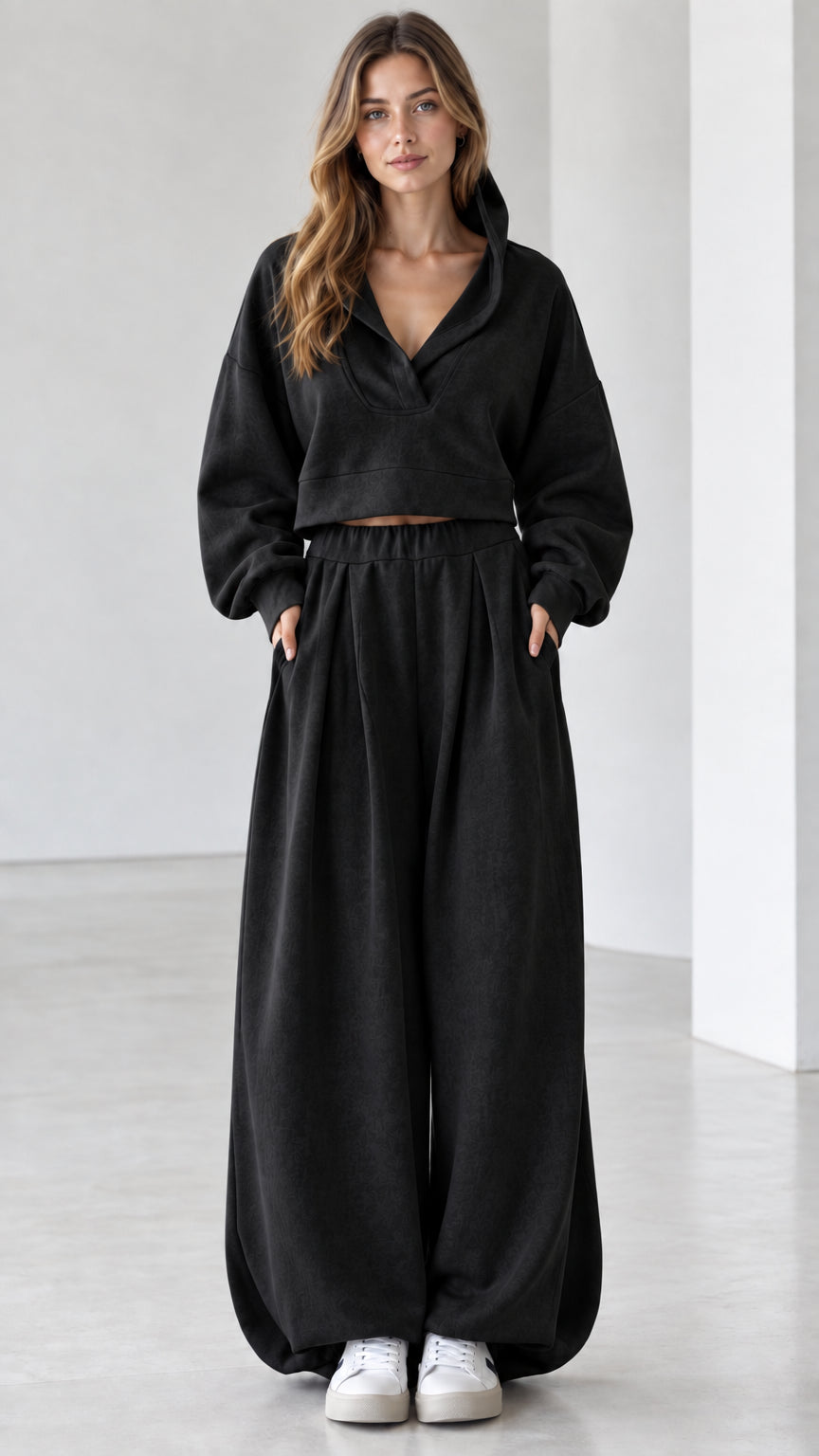 Full front view of women's two-piece cropped hoodie and wide-leg sweatpants set in Black