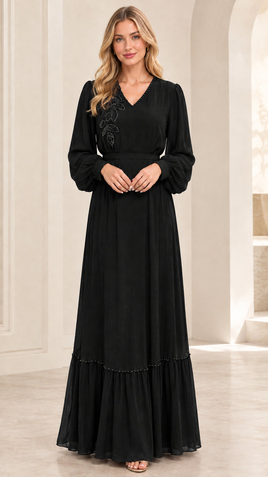 Black long sleeve V-neck embellished maxi dress with matching belt