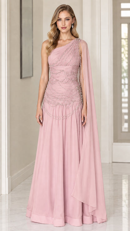 Front view of model wearing Dusty Rose one-shoulder beaded chiffon evening gown