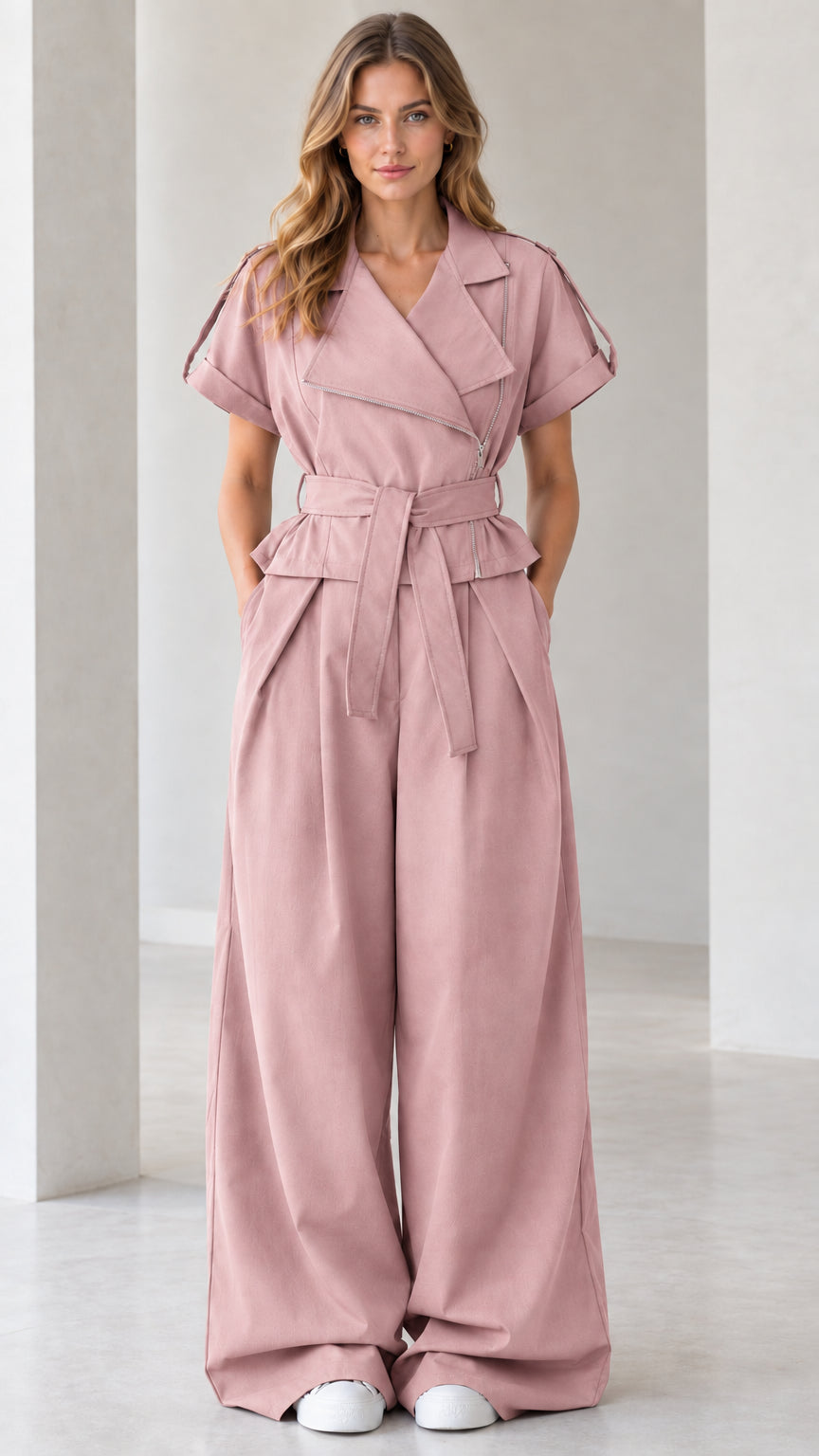 Front view of dusty pink asymmetrical zip wide leg jumpsuit