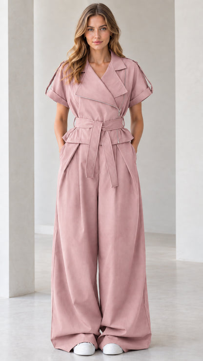 Front view of dusty pink asymmetrical zip wide leg jumpsuit
