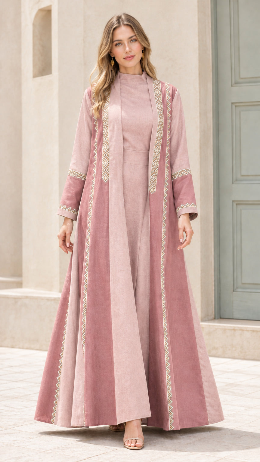Full-length view of dusty pink embroidered two-piece maxi abaya dress set
