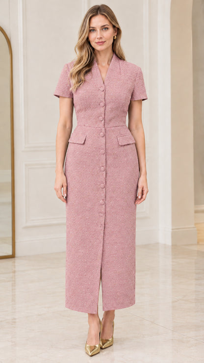Model wearing dusty pink short-sleeve tweed midi dress with front buttons