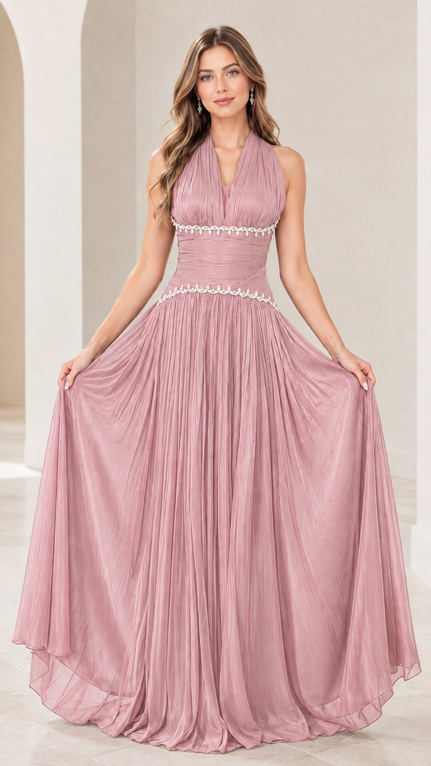 Dusty rose pink pleated halter maxi dress front view