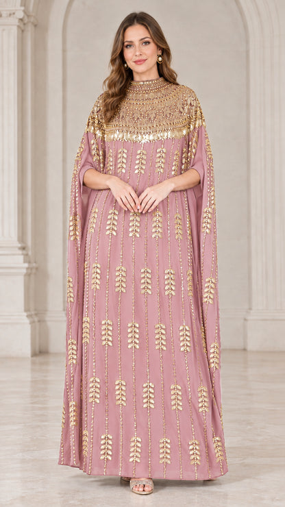 Dusty pink kaftan maxi dress with ornate gold sequin cape and body detailing