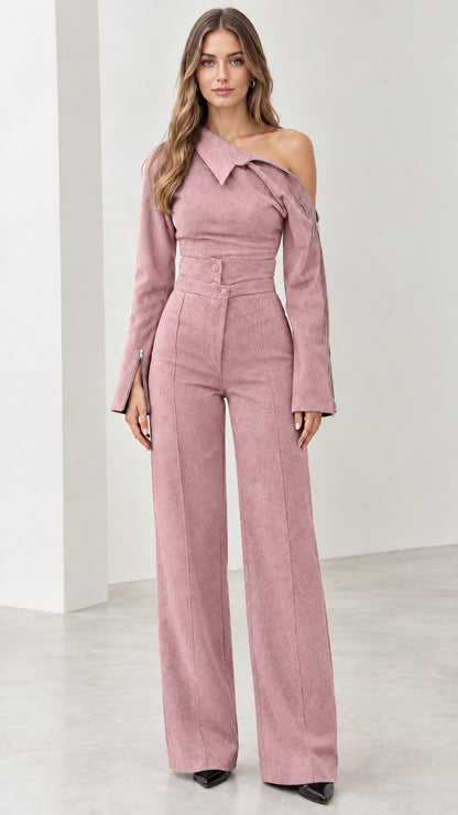 Front view of model wearing dusty rose asymmetric wide-leg jumpsuit