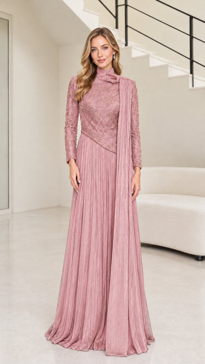 Front full-length view of dusty rose pink long sleeve embellished evening dress with shoulder drape