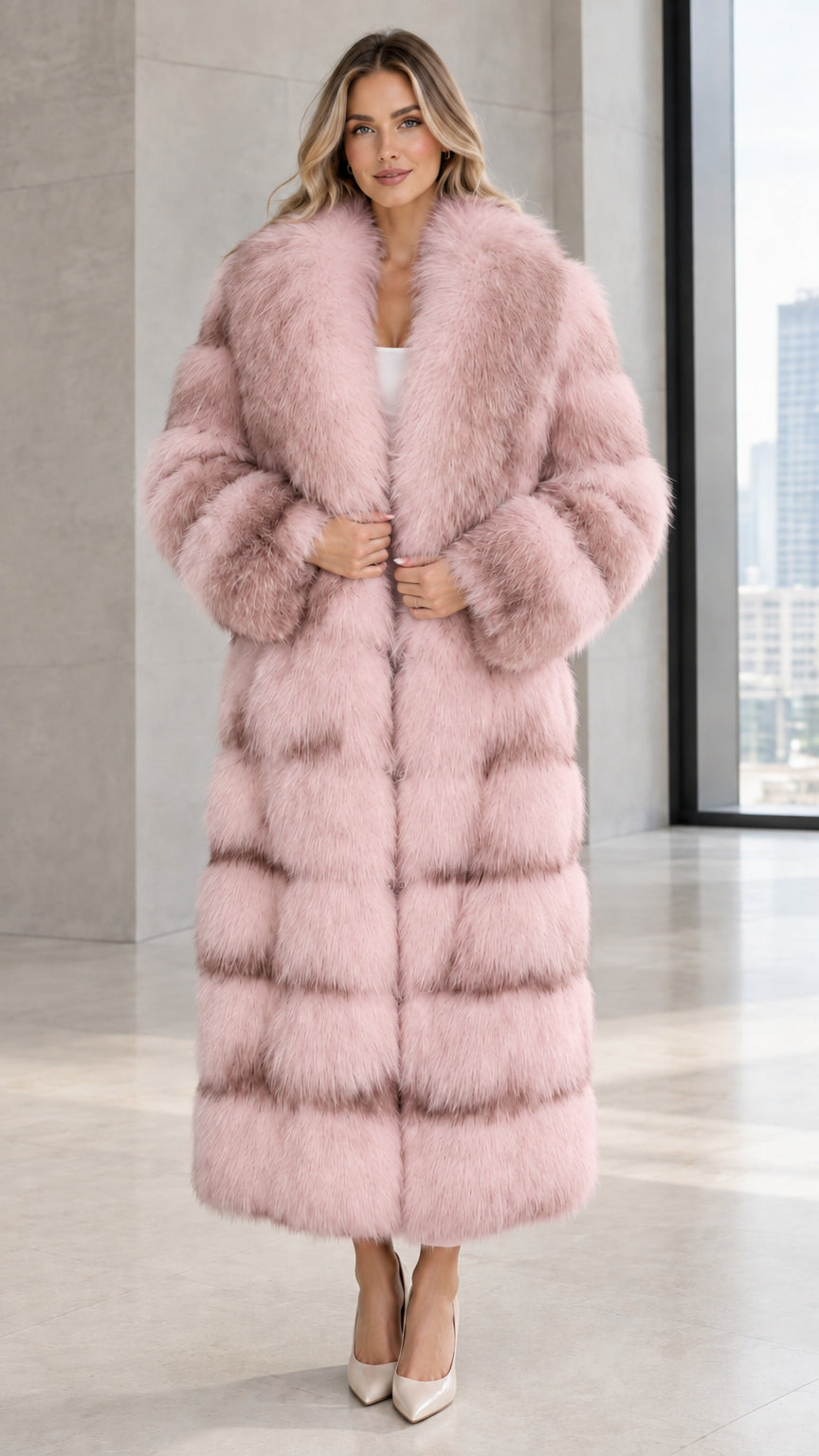 Front view of woman wearing blush pink striped maxi faux fur coat