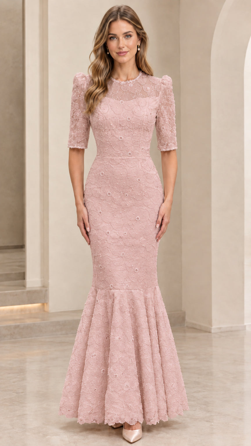 Front view of model wearing dusty rose floral lace mermaid formal gown