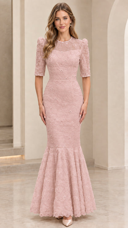 Front view of model wearing dusty rose floral lace mermaid formal gown