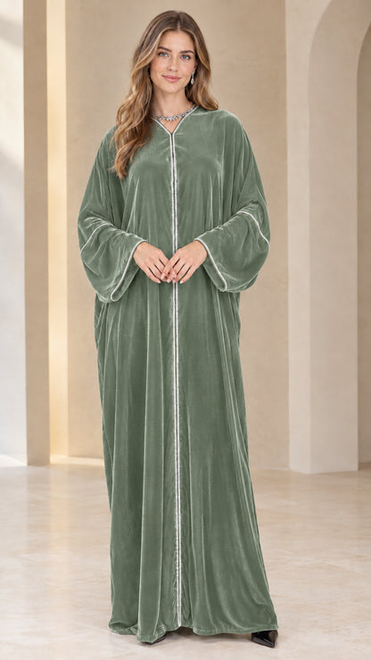 Sage green velvet long kaftan dress front view