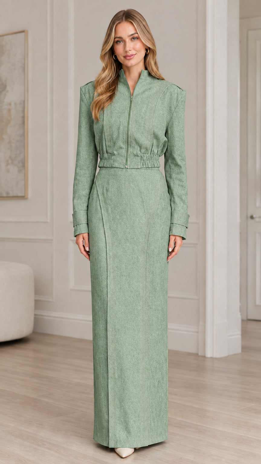 Sage green tailored two-piece zip jacket and long column skirt outfit