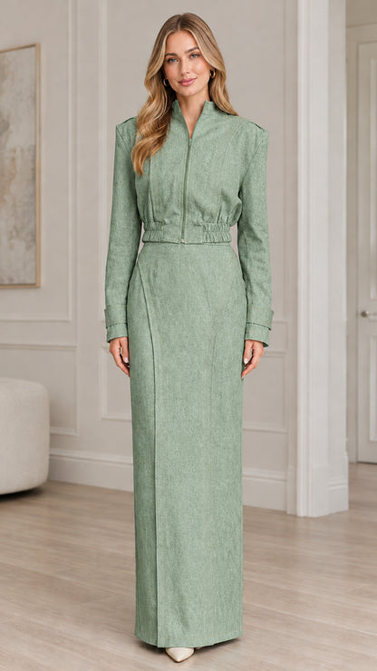 Sage green tailored two-piece zip jacket and long column skirt outfit