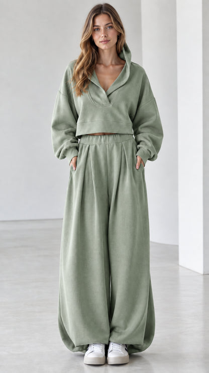 Full front view of women's two-piece cropped hoodie and wide-leg sweatpants set in Sage Green