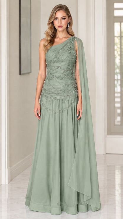 Front view of model wearing Sage Green one-shoulder beaded chiffon formal gown