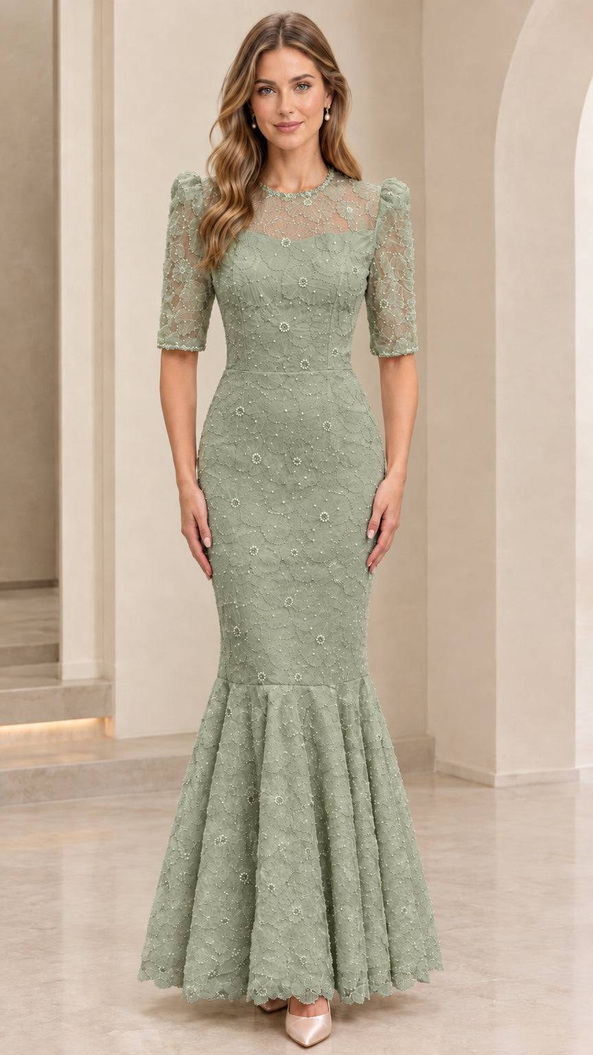 Front view of model wearing sage green lace mermaid evening gown