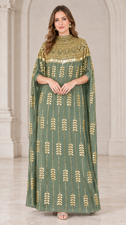 Sage green kaftan maxi dress featuring gold sequined yoke and flowing sleeves