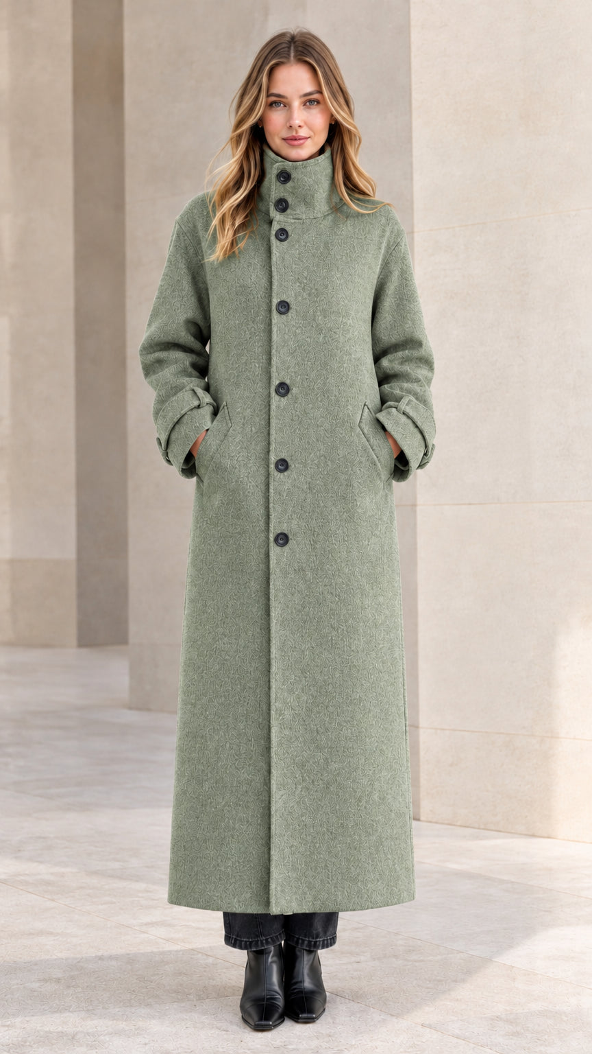 Front view of woman wearing sage green high neck winter maxi coat