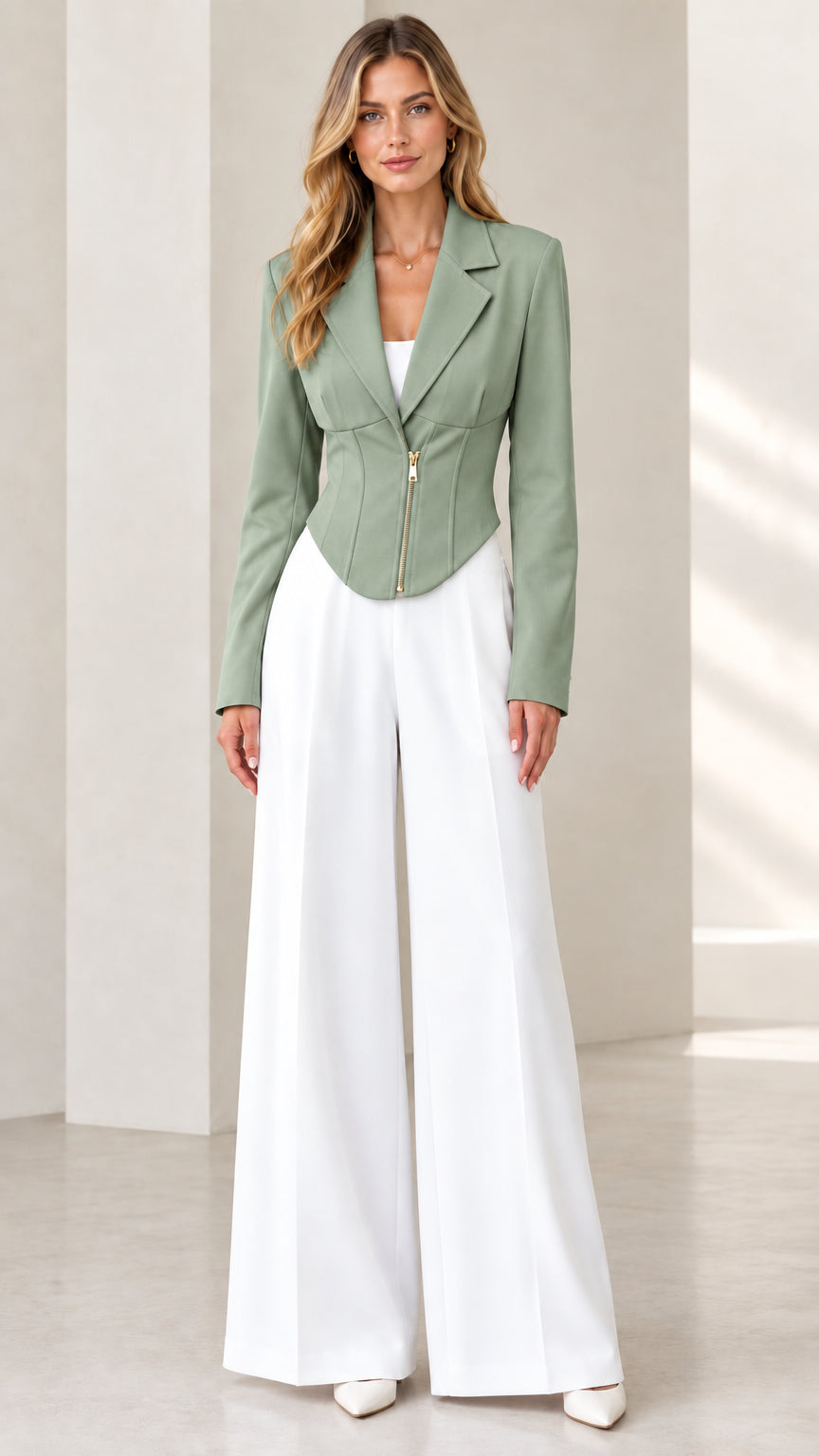 Model wearing sage green corset blazer paired with white wide-leg trousers