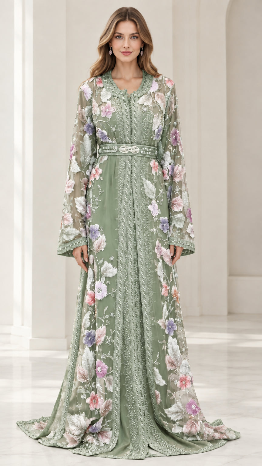 Full-length front view of sage green floral embroidered caftan evening gown with belt