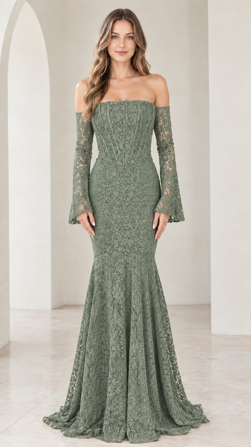 Sage green off-the-shoulder lace mermaid formal maxi dress