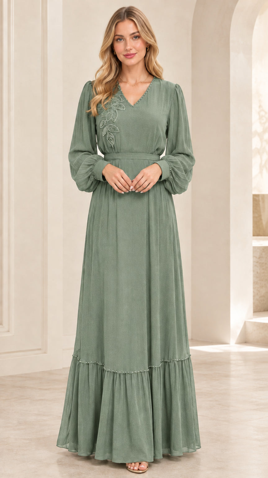 Sage green long sleeve V-neck embellished maxi dress with matching belt