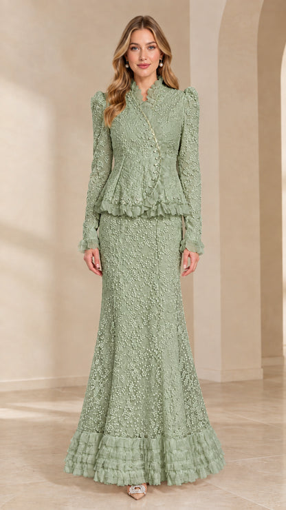 Sage green floral lace peplum top and long mermaid skirt set