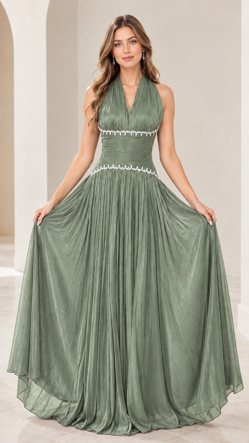 Sage green pleated halter neck A-line evening gown front view