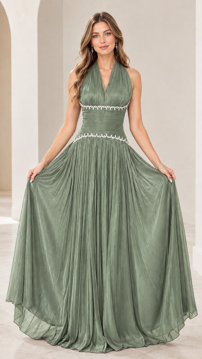 Sage green pleated halter neck A-line evening gown front view