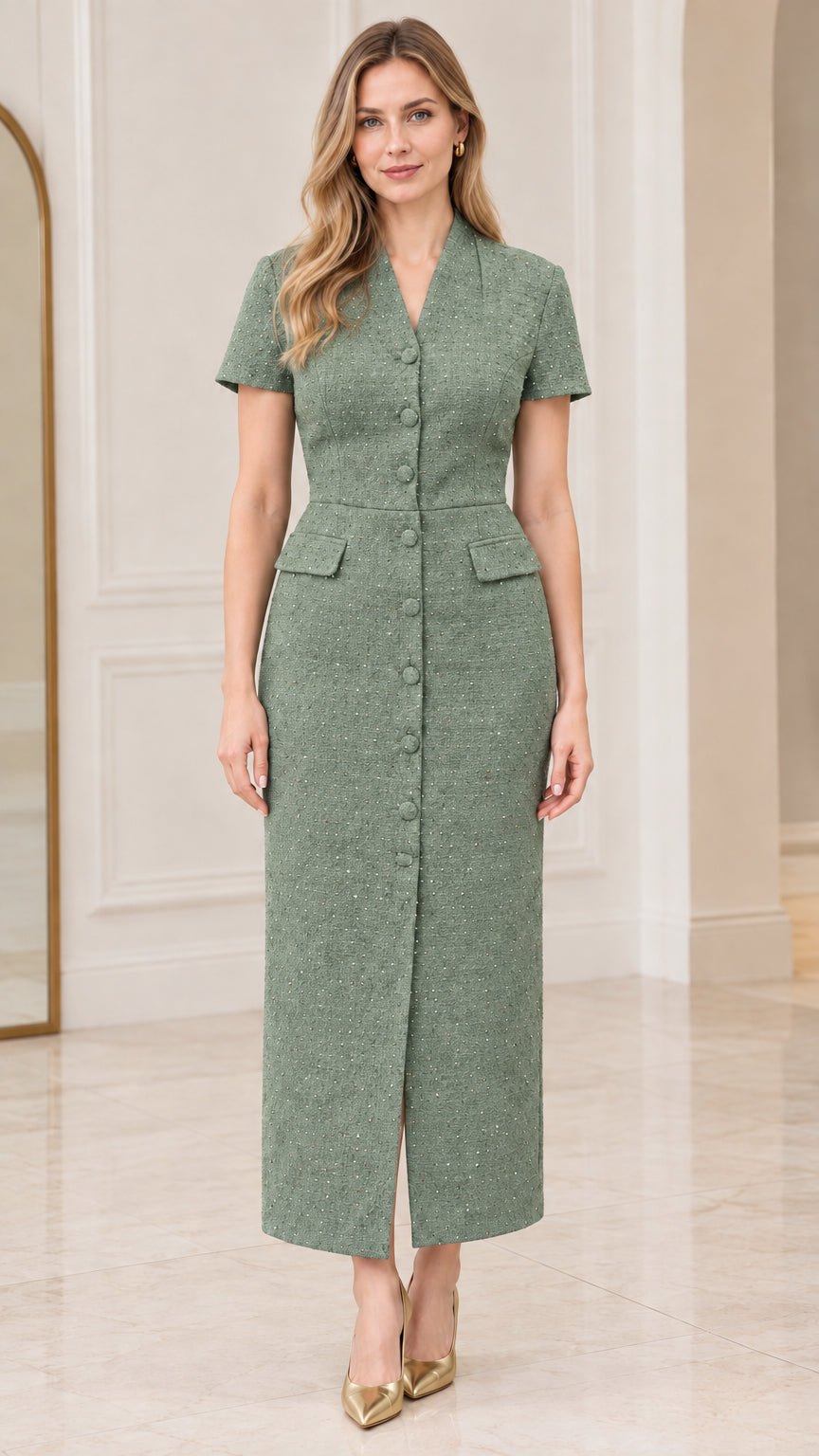 Model wearing sage green short-sleeve tweed midi dress with front buttons