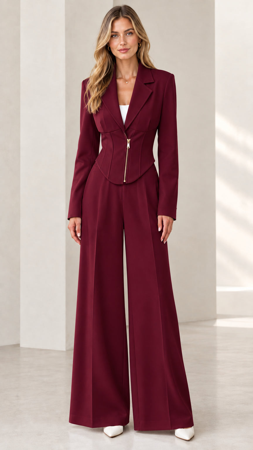 Model wearing burgundy corset blazer and matching burgundy trousers