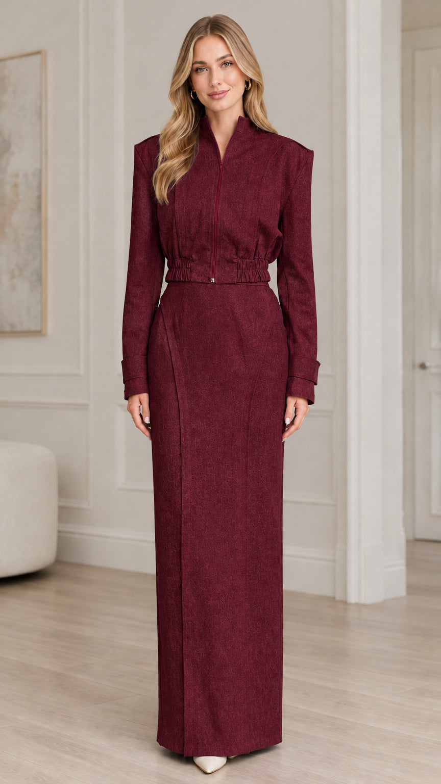 Burgundy wine red structured jacket and long skirt two-piece set