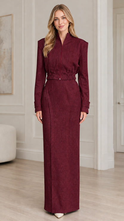 Burgundy wine red structured jacket and long skirt two-piece set