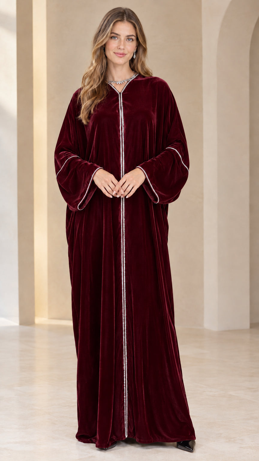 Burgundy wine red velvet evening abaya front view