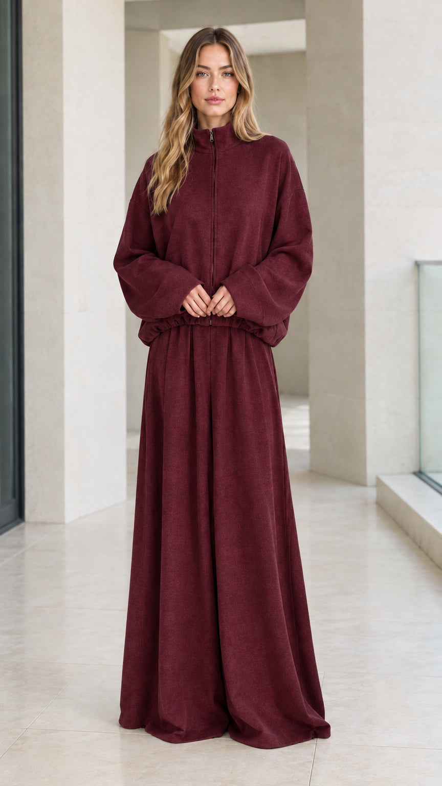 Front view of woman wearing deep burgundy zip jacket and wide-leg trouser set