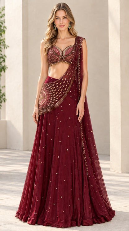Model wearing wine red embellished lehenga choli set with dupatta