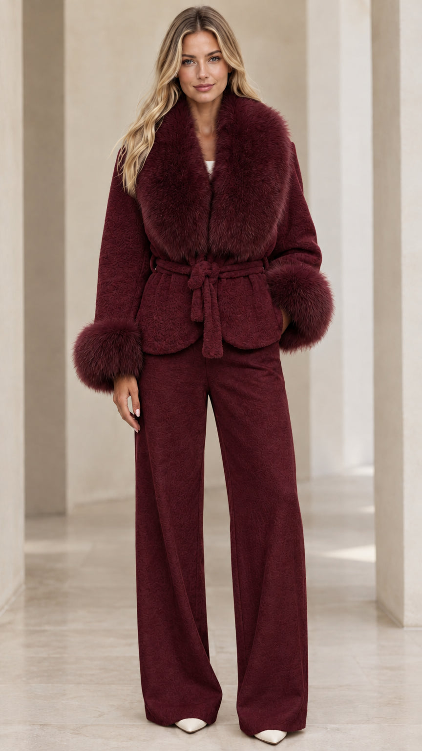 Model wearing burgundy wine red belted jacket with faux fur trim and wide leg trousers